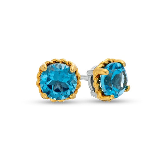 6.0mm Swiss Blue Topaz Solitaire Rope-Textured Frame Stud Earrings in Sterling Silver and 10K Gold