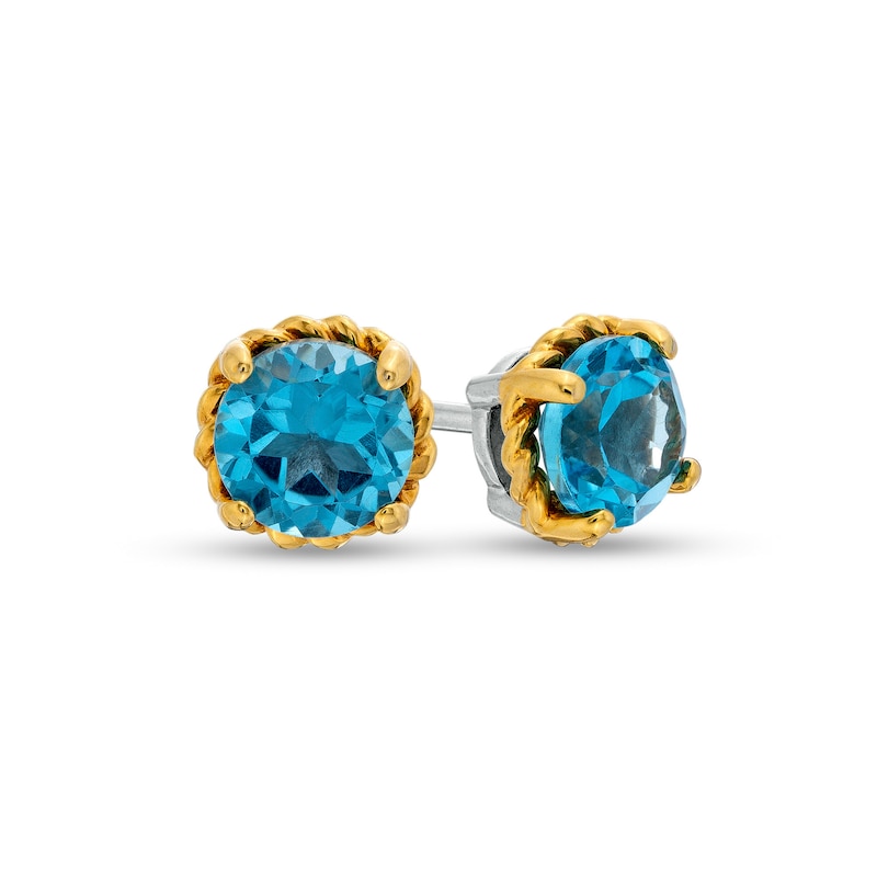 Main Image 1 of 6.0mm Swiss Blue Topaz Solitaire Rope-Textured Frame Stud Earrings in Sterling Silver and 10K Gold