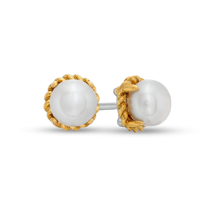 Main Image 1 of 6.0-6.5mm Button Freshwater Cultured Pearl Rope-Textured Frame Stud Earrings in Sterling Silver and 10K Gold