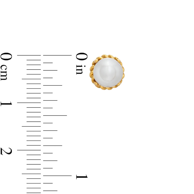 Main Image 3 of 6.0-6.5mm Button Freshwater Cultured Pearl Rope-Textured Frame Stud Earrings in Sterling Silver and 10K Gold
