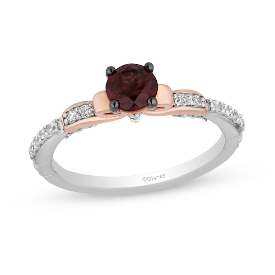 Enchanted Disney Snow White 5.0mm Garnet and 1/5 CT. T.w. Diamond Bow Promise Ring in Sterling Silver and 10K Rose Gold