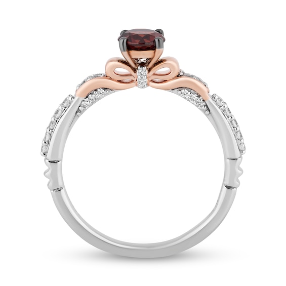 Enchanted Disney Snow White 5.0mm Garnet and 1/5 CT. T.w. Diamond Bow Promise Ring in Sterling Silver and 10K Rose Gold