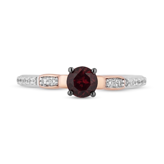 Enchanted Disney Snow White 5.0mm Garnet and 1/5 CT. T.w. Diamond Bow Promise Ring in Sterling Silver and 10K Rose Gold