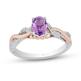 Enchanted Disney Rapunzel Oval Amethyst and 1/10 CT. T.W. Diamond Promise Ring in Sterling Silver and 10K Rose Gold