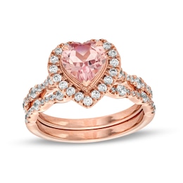 7.0mm Heart-Shaped Morganite and 3/4 CT. T.W. Diamond Frame Scallop Shank Bridal Set in 10K Rose Gold