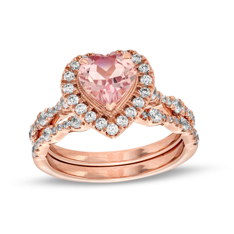 Main Image 1 of 7.0mm Heart-Shaped Morganite and 3/4 CT. T.W. Diamond Frame Scallop Shank Bridal Set in 10K Rose Gold