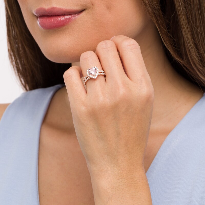 Main Image 2 of 7.0mm Heart-Shaped Morganite and 3/4 CT. T.W. Diamond Frame Scallop Shank Bridal Set in 10K Rose Gold