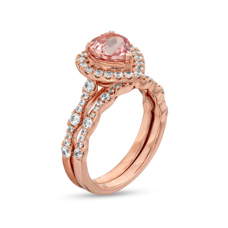 Main Image 3 of 7.0mm Heart-Shaped Morganite and 3/4 CT. T.W. Diamond Frame Scallop Shank Bridal Set in 10K Rose Gold