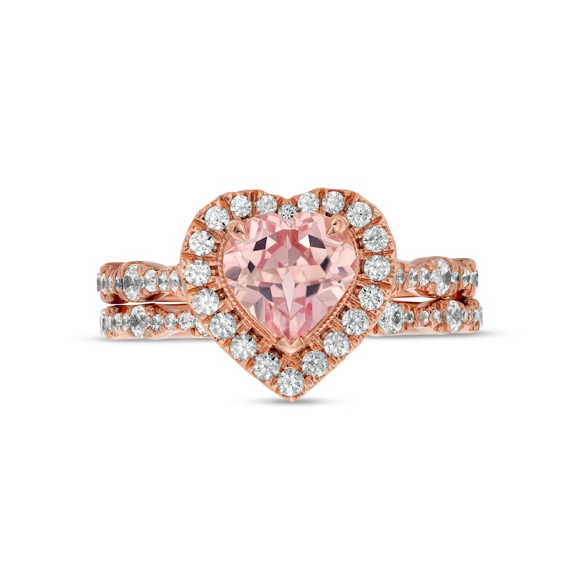 Main Image 4 of 7.0mm Heart-Shaped Morganite and 3/4 CT. T.W. Diamond Frame Scallop Shank Bridal Set in 10K Rose Gold