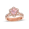Thumbnail Image 1 of 7.0mm Morganite and 3/4 CT. T.W. Diamond Flower Frame Scallop Shank Bridal Set in 10K Rose Gold