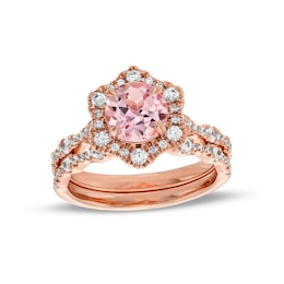 7.0mm Morganite and 3/4 CT. T.W. Diamond Flower Frame Scallop Shank Bridal Set in 10K Rose Gold