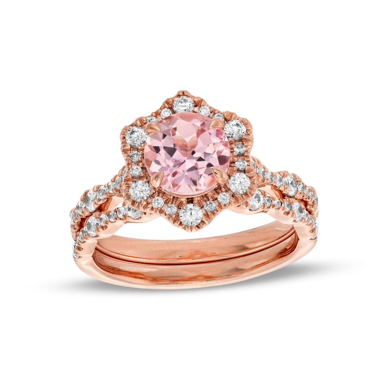 Main Image 1 of 7.0mm Morganite and 3/4 CT. T.W. Diamond Flower Frame Scallop Shank Bridal Set in 10K Rose Gold