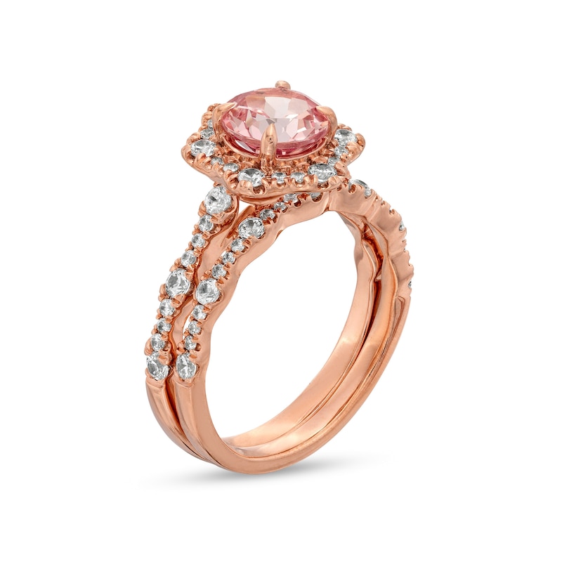 Main Image 3 of 7.0mm Morganite and 3/4 CT. T.W. Diamond Flower Frame Scallop Shank Bridal Set in 10K Rose Gold