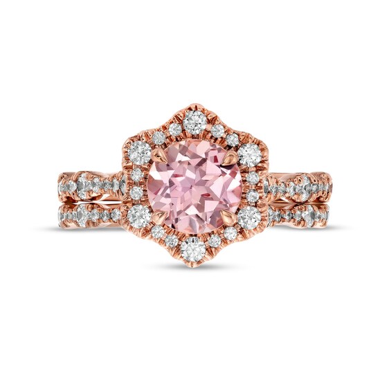 7.0mm Morganite and 3/4 CT. T.w. Diamond Flower Frame Scallop Shank Bridal Set in 10K Rose Gold