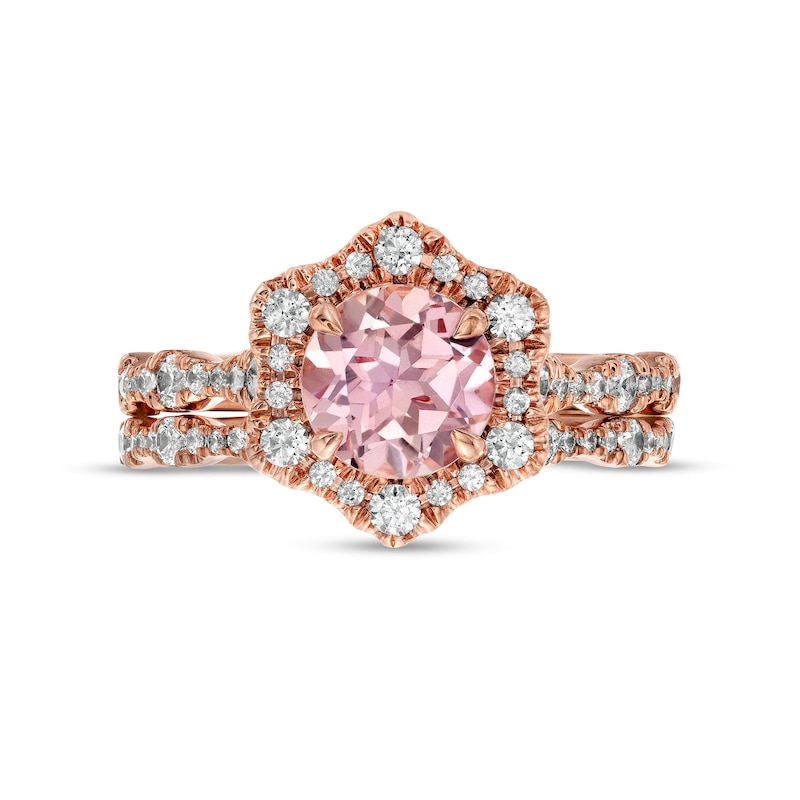 Main Image 4 of 7.0mm Morganite and 3/4 CT. T.W. Diamond Flower Frame Scallop Shank Bridal Set in 10K Rose Gold