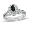 Thumbnail Image 1 of Pear-Shaped Black Sapphire and 3/4 CT. T.W. Diamond Frame Scallop Shank Vintage-Style Bridal Set in 10K White Gold