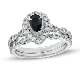 Pear-Shaped Black Sapphire and 3/4 CT. T.W. Diamond Frame Scallop Shank Vintage-Style Bridal Set in 10K White Gold