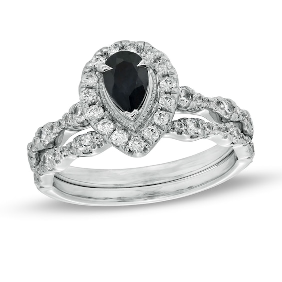 Pear-Shaped Black Sapphire and 3/4 CT. T.w. Diamond Frame Scallop Shank Vintage-Style Bridal Set in 10K White Gold