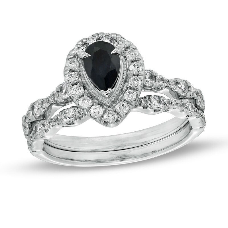 Main Image 1 of Pear-Shaped Black Sapphire and 3/4 CT. T.W. Diamond Frame Scallop Shank Vintage-Style Bridal Set in 10K White Gold