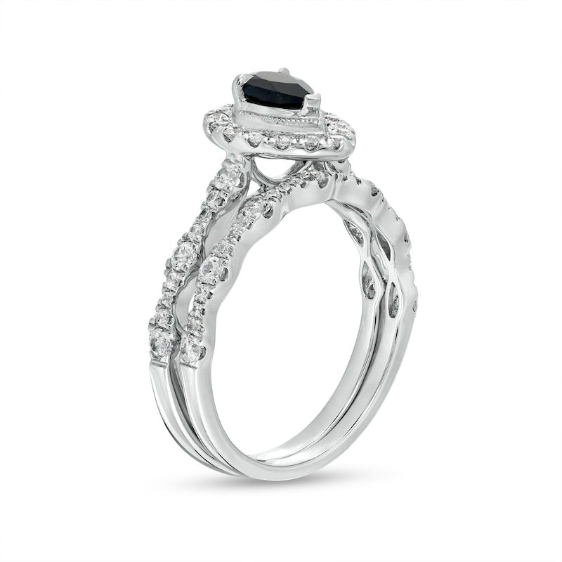 Main Image 3 of Pear-Shaped Black Sapphire and 3/4 CT. T.W. Diamond Frame Scallop Shank Vintage-Style Bridal Set in 10K White Gold