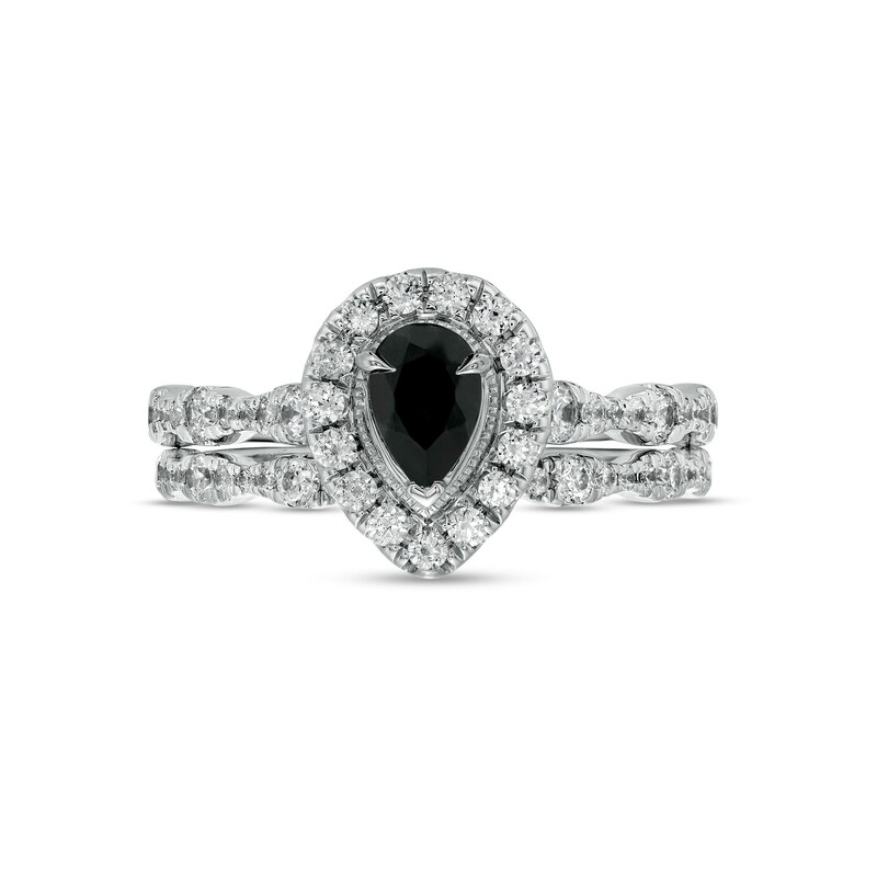 Main Image 4 of Pear-Shaped Black Sapphire and 3/4 CT. T.W. Diamond Frame Scallop Shank Vintage-Style Bridal Set in 10K White Gold