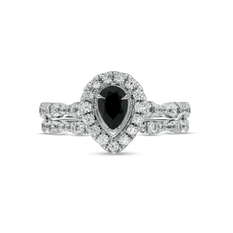 Pear-Shaped Black Sapphire and 3/4 CT. T.W. Diamond Frame Scallop Shank ...