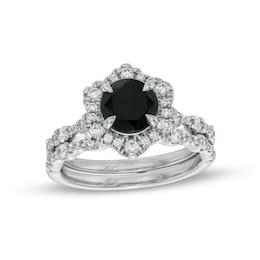 7.0mm Black Sapphire and 3/4 CT. T.W. Diamond Flower Frame Scallop Shank Bridal Set in 10K White Gold