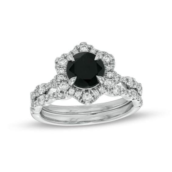 7.0mm Black Sapphire and 3/4 CT. T.w. Diamond Flower Frame Scallop Shank Bridal Set in 10K White Gold