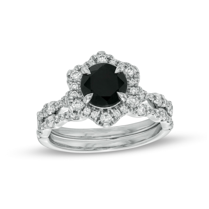 Main Image 1 of 7.0mm Black Sapphire and 3/4 CT. T.W. Diamond Flower Frame Scallop Shank Bridal Set in 10K White Gold
