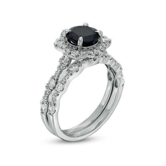 7.0mm Black Sapphire and 3/4 CT. T.w. Diamond Flower Frame Scallop Shank Bridal Set in 10K White Gold