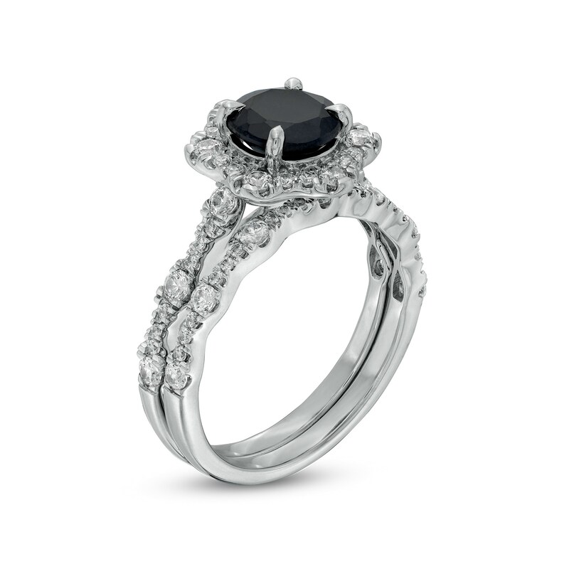 Main Image 3 of 7.0mm Black Sapphire and 3/4 CT. T.W. Diamond Flower Frame Scallop Shank Bridal Set in 10K White Gold