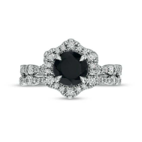 7.0mm Black Sapphire and 3/4 CT. T.w. Diamond Flower Frame Scallop Shank Bridal Set in 10K White Gold