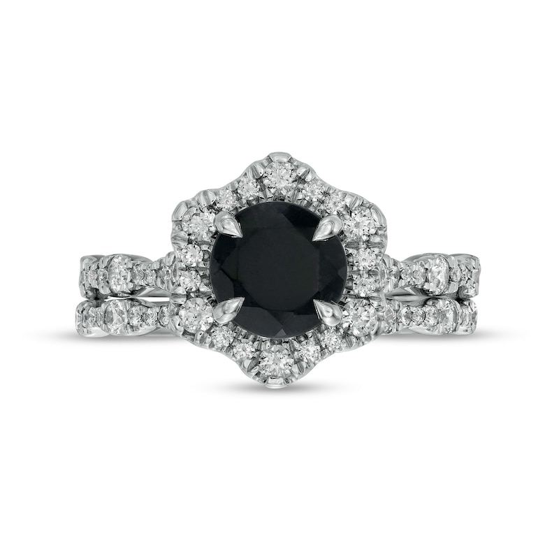 Main Image 4 of 7.0mm Black Sapphire and 3/4 CT. T.W. Diamond Flower Frame Scallop Shank Bridal Set in 10K White Gold