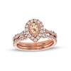 Thumbnail Image 0 of Pear-Shaped Morganite and 3/4 CT. T.W. Diamond Frame Scallop Shank Vintage-Style Bridal Set in 10K Rose Gold