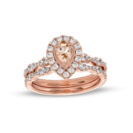 Pear-Shaped Morganite and 3/4 CT. T.W. Diamond Frame Scallop Shank Vintage-Style Bridal Set in 10K Rose Gold