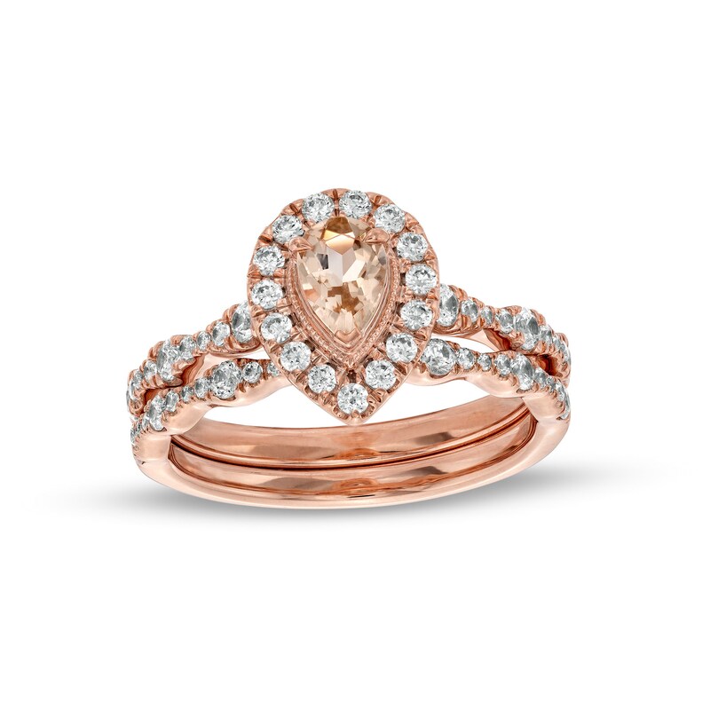 Main Image 1 of Pear-Shaped Morganite and 3/4 CT. T.W. Diamond Frame Scallop Shank Vintage-Style Bridal Set in 10K Rose Gold