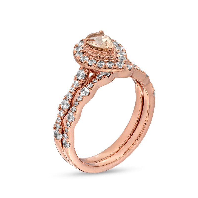 Main Image 3 of Pear-Shaped Morganite and 3/4 CT. T.W. Diamond Frame Scallop Shank Vintage-Style Bridal Set in 10K Rose Gold