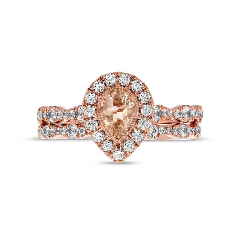 Main Image 4 of Pear-Shaped Morganite and 3/4 CT. T.W. Diamond Frame Scallop Shank Vintage-Style Bridal Set in 10K Rose Gold