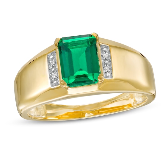 Emerald-Cut Lab-Created Emerald and Diamond Accent Collar Beveled Edge Ring in 10K Gold
