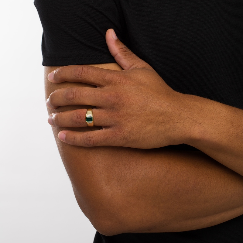 Men's Emerald-Cut Lab-Created Emerald and Diamond Accent Collar Beveled Edge Ring in 10K Gold