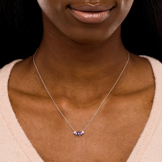Pear-Shaped and Marquise Amethyst and White Lab-Created Sapphire Graduated Five Stone Curved Necklace in Sterling Silver
