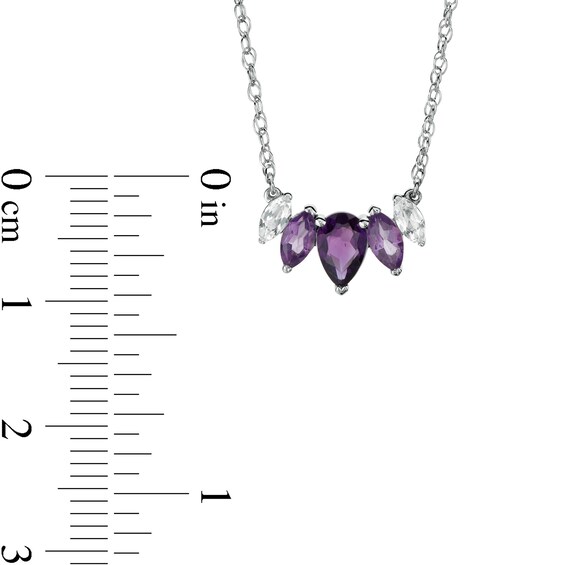 Pear-Shaped and Marquise Amethyst and White Lab-Created Sapphire Graduated Five Stone Curved Necklace in Sterling Silver