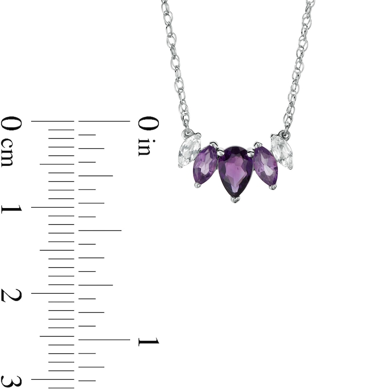 Pear-Shaped and Marquise Amethyst and White Lab-Created Sapphire Graduated Five Stone Curved Necklace in Sterling Silver