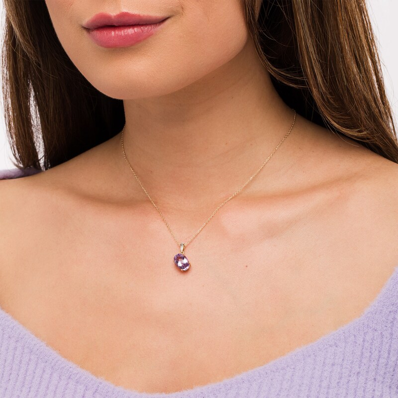Main Image 2 of Oval Amethyst and Diamond Accent Tilted Drop Pendant in 10K Gold