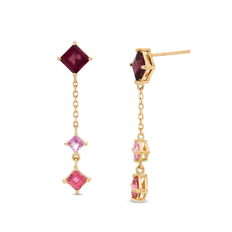 Main Image 1 of Princess-Cut Rhodolite Garnet, Pink Sapphire and Tourmaline Tilted Linear Chain Drop Earrings in 10K Gold