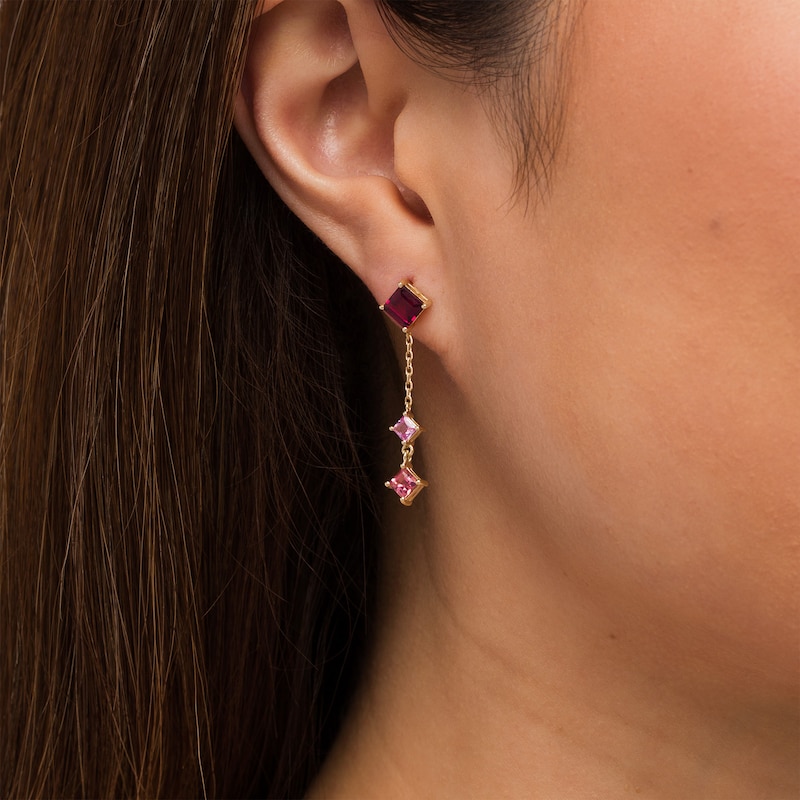 Main Image 2 of Princess-Cut Rhodolite Garnet, Pink Sapphire and Tourmaline Tilted Linear Chain Drop Earrings in 10K Gold
