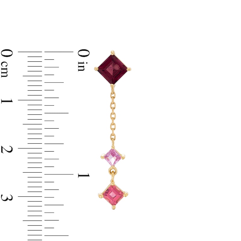 Main Image 3 of Princess-Cut Rhodolite Garnet, Pink Sapphire and Tourmaline Tilted Linear Chain Drop Earrings in 10K Gold