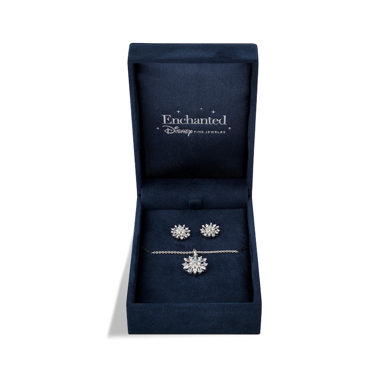 Main Image 1 of Enchanted Disney Elsa Swiss Blue Topaz and 1/6 CT. T.W. Diamond Snowflake Pendant and Earrings Set in Sterling Silver
