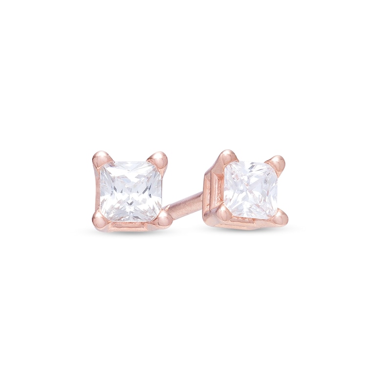 Main Image 1 of 1/10 CT. T.W. Princess-Cut Diamond Solitaire Stud Earrings in 14K Rose Gold (I/I2)