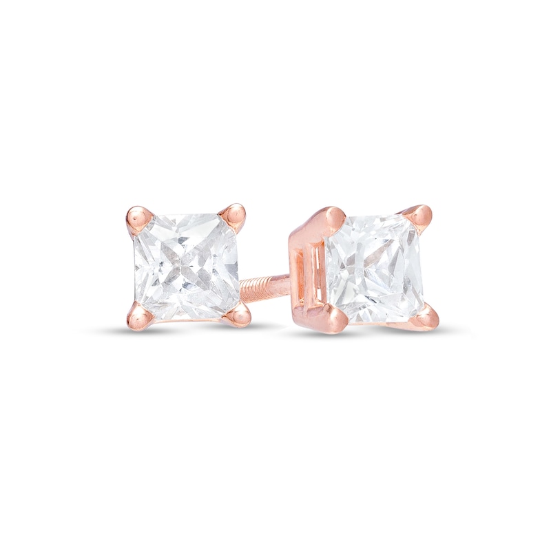 Main Image 1 of 1/2 CT. T.W. Certified Princess-Cut Diamond Stud Earrings in 14K Rose Gold (I/I1)